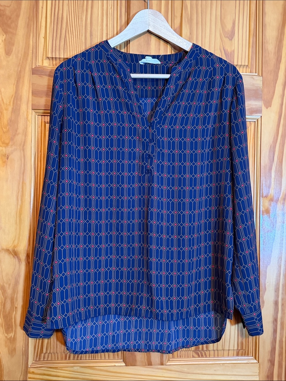 Pleione Navy and Red Geometric Long-Sleeve Blouse